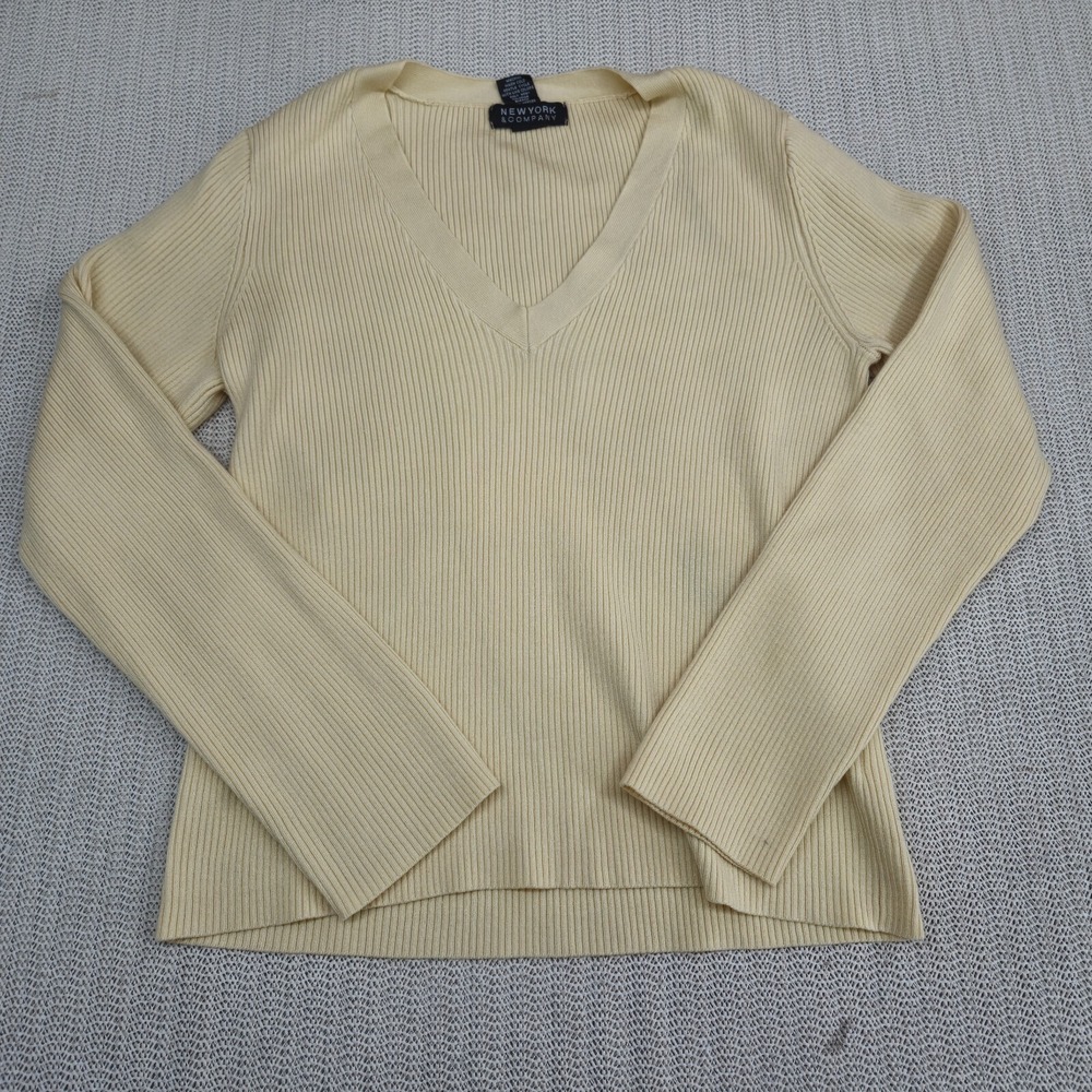 New York & Company Sweater Womens Medium Yellow V-Neck Pullover Ribbed